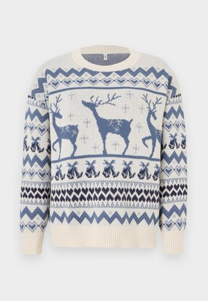 Strickpullover mit cremefarbenem Hintergrund, blauen Rentieren und geometrischen Mustern. Gerippte Bündchen und Saum. Weiche Textur.