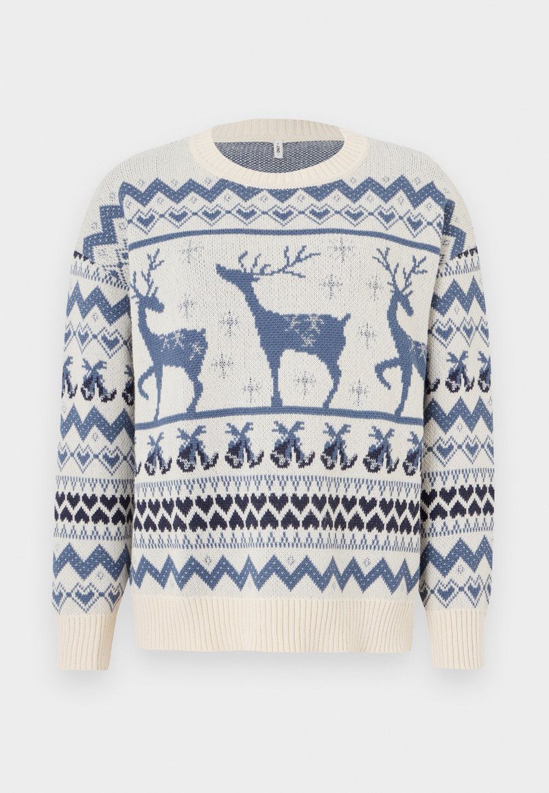 Strickpullover mit cremefarbenem Hintergrund, blauen Rentieren und geometrischen Mustern. Gerippte Bündchen und Saum. Weiche Textur.