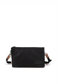 Černá nylonová taška s elegantním obdélníkovým tvarem. Disponuje zipovým uzávěrem a nastavitelným popruhem, doplněným hnědým koženým detailem.