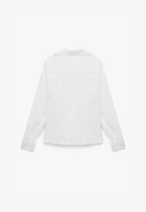 Weißes Langarmhemd mit klassischem Kragen, Knopfmanschetten und taillierter Passform. Glattes Gewebe mit einem sauberen, minimalistischen Design.