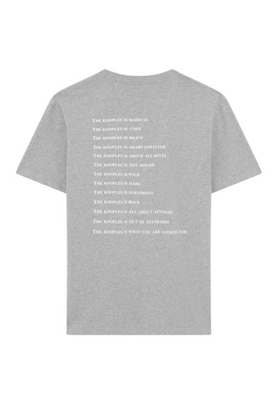Gray cotton t-shirt featuring repeated white text phrases on the back, with a classic crew neck and short sleeves.
