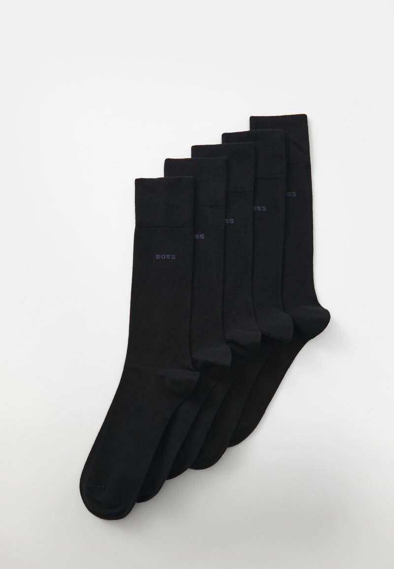 Black cotton socks in a pack of five. Each sock features a ribbed cuff and subtle branding in dark lettering near the ankle.