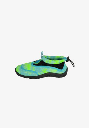 Blue and green water shoes with a textured design, stretchy upper, and black rubber sole. Features elastic ankle support for a snug fit.