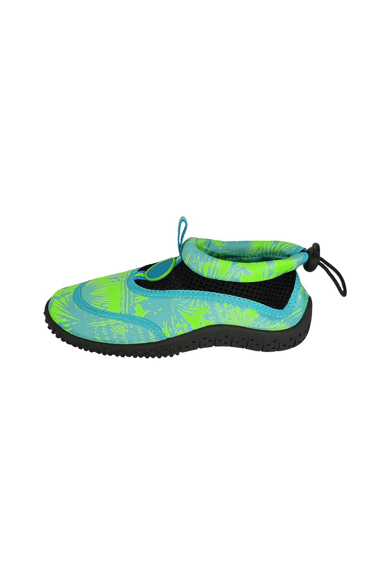Blauwe en groene waterschoenen met een textuurdesign, rekbare bovenkant en een zwarte rubberen zool. Voorzien van elastische enkelsteun voor een perfecte pasvorm.