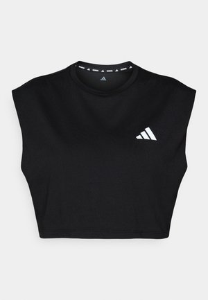 Sort kortærmet atletiktrøje i et glat stof. Har en hvid Adidas-logo på venstre bryst og mønstret halsudskæring.