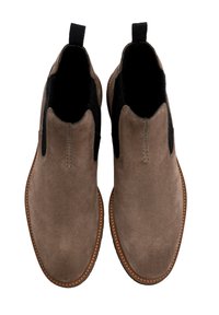Pruunid nahast ankle-boots sisaldavad elastseid külgdekaare, ümarat varvakatet ja tekstuurset talla, millel on kontrastne heledate niitide detail.