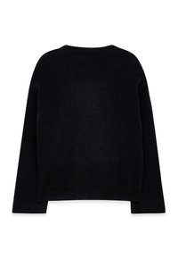 Schwarzer gestrickter Pullover mit langen Ärmeln, einem gerippten Rundhalsausschnitt und einem lässigen Schnitt. Die Textur wirkt weich und leicht flauschig.