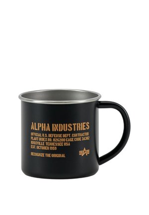 Black metal mug with silver rim, "Alpha Industries" brand name, U.S. Defense Dept. contractor text, and logo in orange lettering on side.