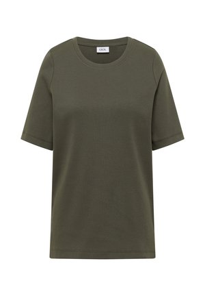 Olijfgroene T-shirt met korte mouwen en een ronde hals, met een geribbelde textuur en een klein wit label aan de binnenkant van de kraag.