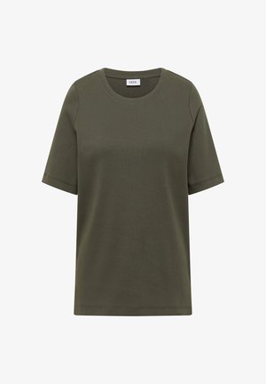 Olijfgroene T-shirt met korte mouwen en een ronde hals, met een geribbelde textuur en een klein wit label aan de binnenkant van de kraag.