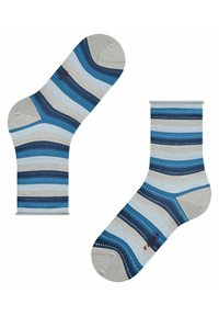 Gestreepte sokken in verschillende tinten blauw, grijs en wit. Getextureerde stof met subtiele stippen en verstevigde hak- en teengebieden.