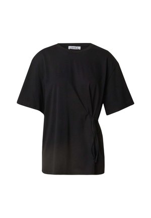 Schwarzes Kurzarmoberteil mit geknotetem Seitendetail, Rundhalsausschnitt und weicher, glatter Textur. Einfaches, lockeres Design.