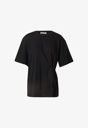 Zwarte top met korte mouwen, voorzien van een geknoopte zijkant, ronde halslijn en een zachte, gladde textuur. Eenvoudig, losvallend ontwerp.
