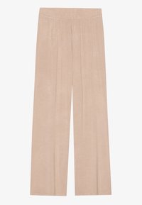 Μπεζ παντελόνι σε φαρδιά γραμμή με ελαστική μέση, κατασκευασμένο από ελαφρύ ύφασμα, απλωμένο επίπεδα σε λευκό φόντο.