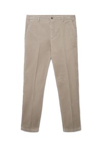 Beige Cordhosen mit geradem Bein, ausgestattet mit zwei Fronttaschen, einem Knopfverschluss und einem strukturierten Stoff.