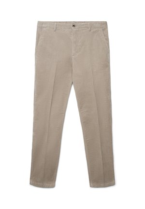 Beige Cordhosen mit geradem Bein, ausgestattet mit zwei Fronttaschen, einem Knopfverschluss und einem strukturierten Stoff.