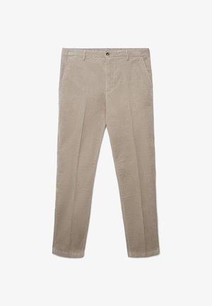 Beige Cordhosen mit geradem Bein, ausgestattet mit zwei Fronttaschen, einem Knopfverschluss und einem strukturierten Stoff.