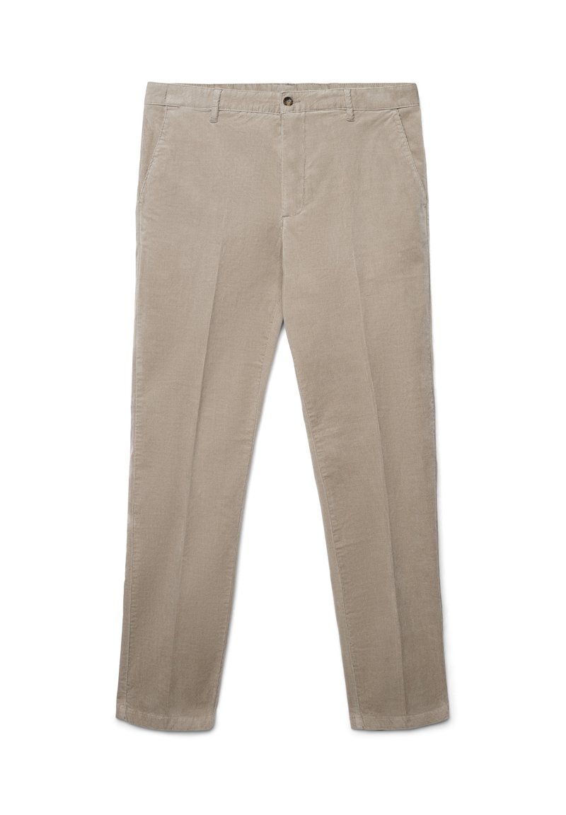 Beige Cordhosen mit geradem Bein, ausgestattet mit zwei Fronttaschen, einem Knopfverschluss und einem strukturierten Stoff.