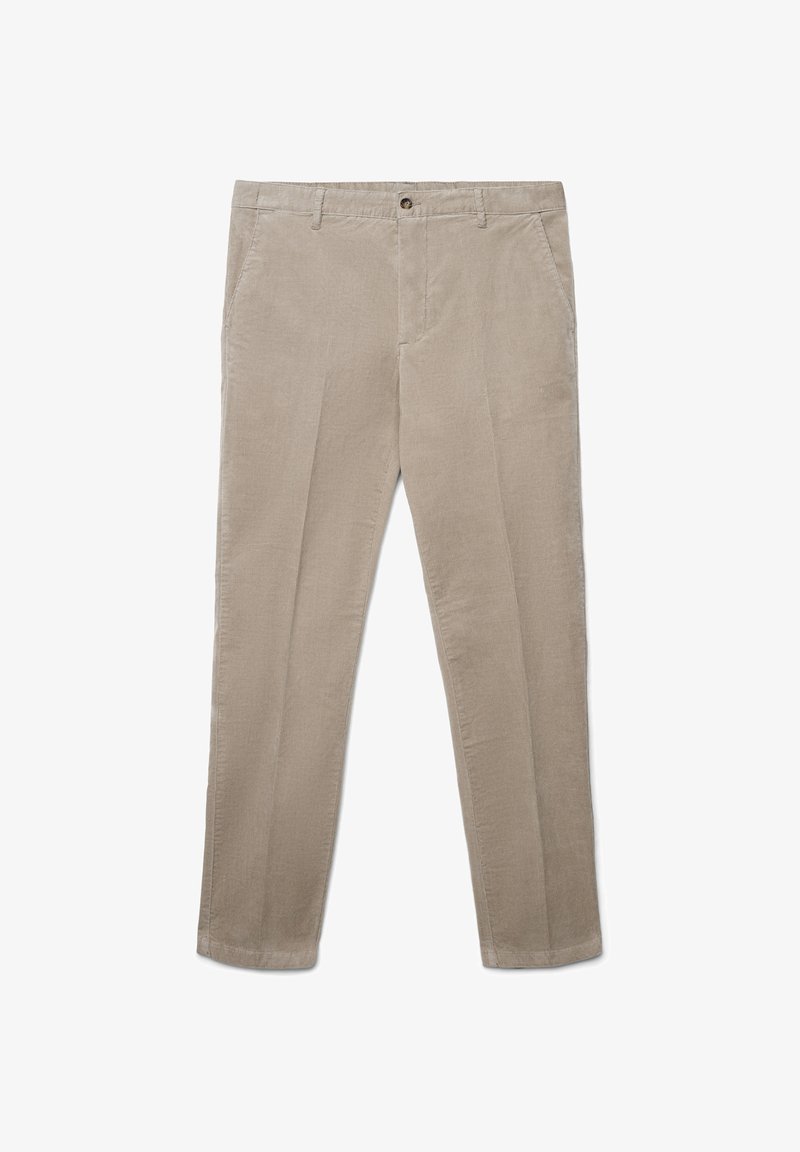 Pantaloni in corduroy beige con design a gamba dritta, dotati di due tasche anteriori, chiusura con bottone e tessuto testurizzato.