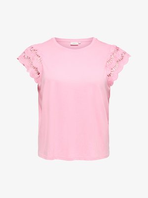 Blusa senza maniche rosa chiaro con scollo rotondo e maniche a volant smerlate rifinite in pizzo.