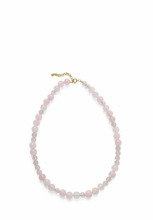 Necklace with round pink and translucent beads alternating, secured with a gold clasp and adjustable chain.