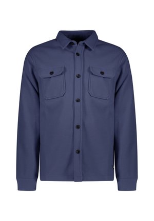 Marineblauwe overhemd van een gladde stof; met twee borstzakken, zwarte knopen en een kraag. Lange mouwen met manchetten.