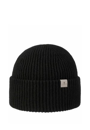 Black ribbed knit beanie with folded cuff and small rectangular fabric tag on the side.