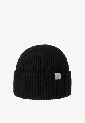 Black ribbed knit beanie with folded cuff and small rectangular fabric tag on the side.