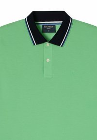 Grünes Polohemd mit marineblauem Kragen mit weißen und blauen Streifen, zwei Knöpfen und kleinem gesticktem Logo auf der Brust.