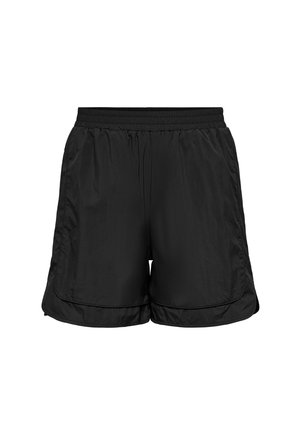 Pantalones cortos deportivos ligeros negros con una cinturilla elástica y dobladillos ligeramente curvados diseñados para uso activo.