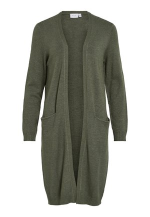 Long cardigan ouvert en vert olive, fabriqué en tissu tricot doux. Il dispose de deux poches avant et de poignets côtelés.
