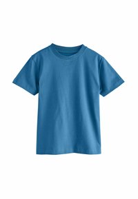 T-shirt en coton bleu avec des manches courtes et un col rond, offrant une texture lisse et un design simple de couleur unie.