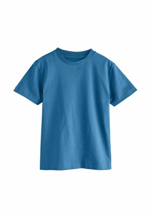 T-shirt en coton bleu avec des manches courtes et un col rond, offrant une texture lisse et un design simple de couleur unie.