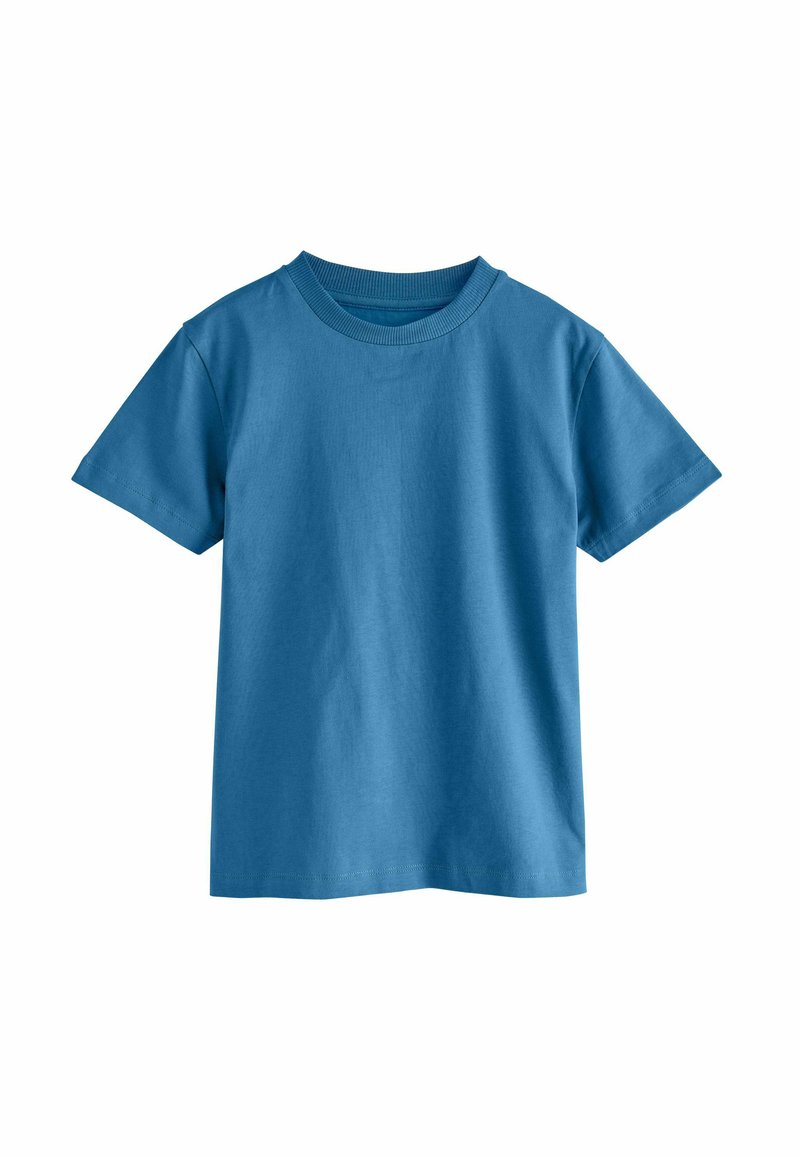 T-shirt en coton bleu avec des manches courtes et un col rond, offrant une texture lisse et un design simple de couleur unie.