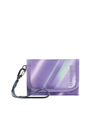 Purple fabric wallet with black detachable wrist strap, diagonal light streak pattern, and embroidered logo on front flap.