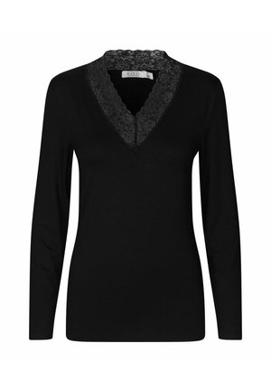 Schwarzes langärmliges Damenoberteil mit V-Ausschnitt und floraler Spitzenverzierung am Kragen.