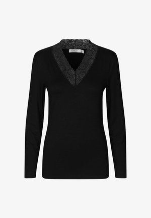 Černý dámský top s dlouhým rukávem a výstřihem do V s květinovou krajkovou ozdobou kolem límce.