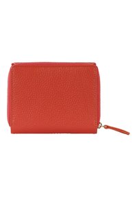 Red textured leather wallet with a zip-around closure, featuring a small pull tab and a compact rectangular shape.