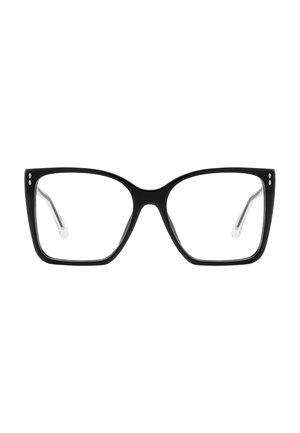 Gafas de plástico negras con un diseño afilado y angular, que cuentan con lentes transparentes y detalles metálicos plateados en las patillas.