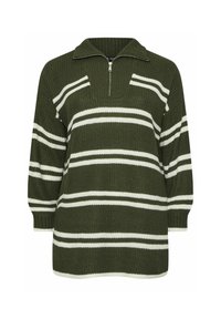 Grönt stickat pullover med halv dragkedja och krage, med vita horisontella ränder och långa ärmar. Texturerat tyg ger värme.