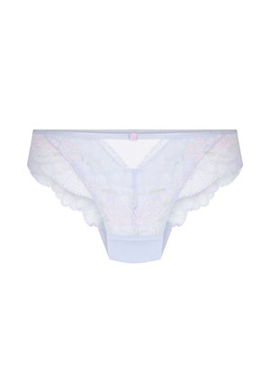 Lichtblauwe kanten damesbikiniondergoed met bloemmotieven en een klein roze roosdetail aan de voorzijde van de tailleband.