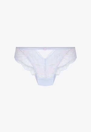 Lichtblauwe kanten damesbikiniondergoed met bloemmotieven en een klein roze roosdetail aan de voorzijde van de tailleband.