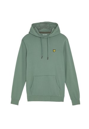 Hoodie i grön färg, tillverkad av mjukt material, med en känguruficka och en gul broderad logotyp på bröstet.
