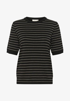 Mustlane lühikeste varrukatega topp, millel on horisontaalsed valged triibud. Omab ümmargust kaelust ja pehmet kudumist. Juhuslik sobivus ja lõdvestunud siluett.