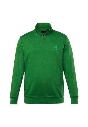 Zelená zipová mikina z měkké látky. Obsahuje stojáček, dlouhé rukávy a malou tonální logo na hrudi.