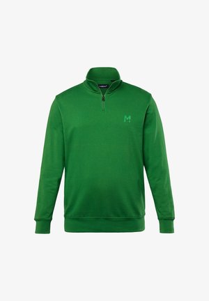 Grüne Zip-Hoodie aus einem weichen Stoff. Verfügt über einen Stehkragen, lange Ärmel und ein kleines, tonal gehaltenes Logo auf der Brust.