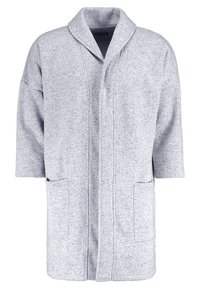 Light gray robe made of textured fabric, featuring a shawl collar, short sleeves, and two front pockets, with stitched detailing along the front.