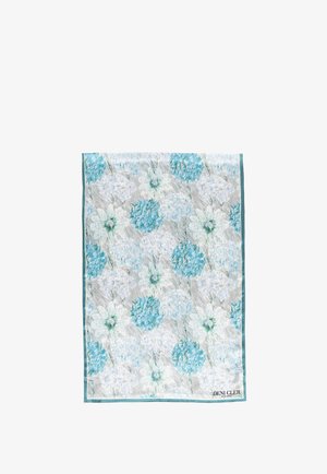 Prostokątny jedwabny szal z niebiesko-białym wzorem kwiatowym hortensji i turkusową ramką, logo "Deni Cler Milano" w prawym dolnym rogu.