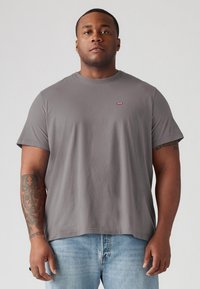 Grijze t-shirt met korte mouwen en een ronde hals, voorzien van een klein rood Levi's-logo op de linkerkant van de borst. Soepele stof, relaxte pasvorm, gecombineerd met blauwe jeans.