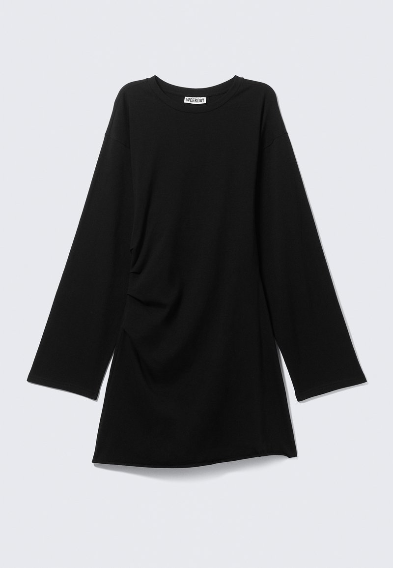 Black long-sleeve crew neck shirt with relaxed fit and slight gathering on one side, shown flat against a light gray background.